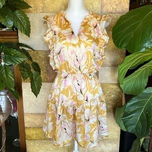 NEW Steve Madden Women’s Floral Ruched Waist Ruffle Sleeve Short Yellow Dress